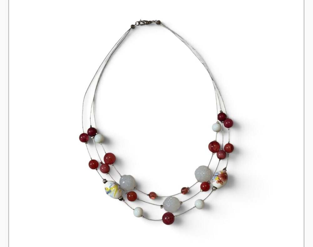 Unbranded Multi-Strand Beaded Necklace Red White Silver Accents
